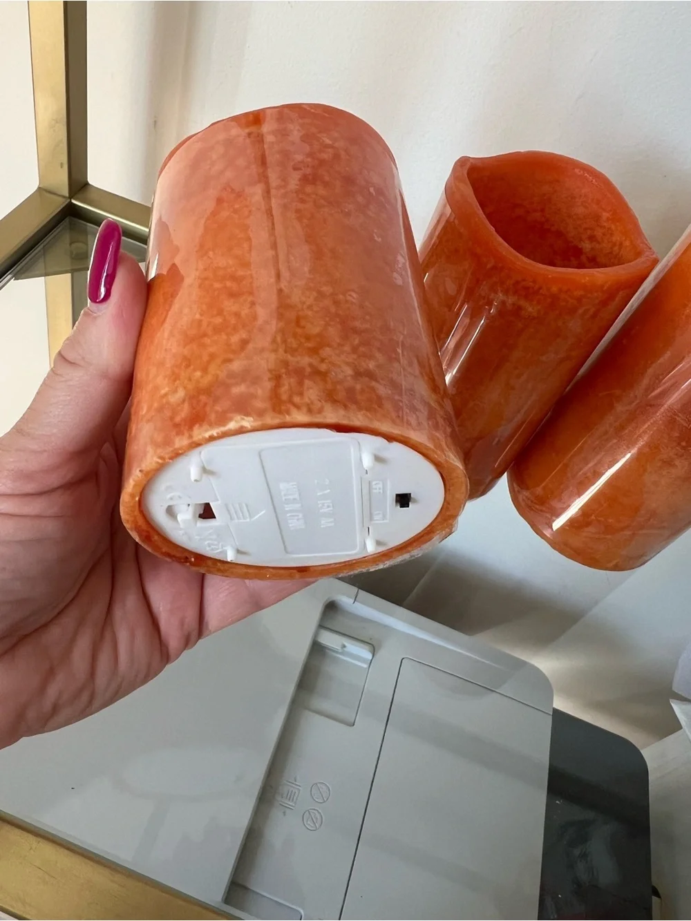 Set of 3 orange pillar LED wax candles